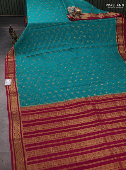 Pure mysore silk saree teal green and pink with allover zari checks & buttas and zari woven border