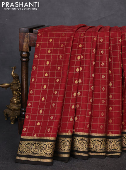Pure mysore silk saree maroon and black with allover zari checks & buttas and zari woven border