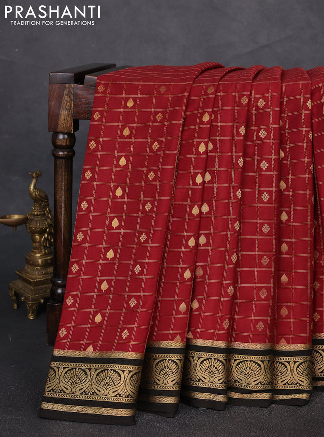 Pure mysore silk saree maroon and black with allover zari checks & buttas and zari woven border