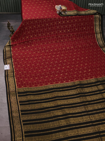 Pure mysore silk saree maroon and black with allover zari checks & buttas and zari woven border