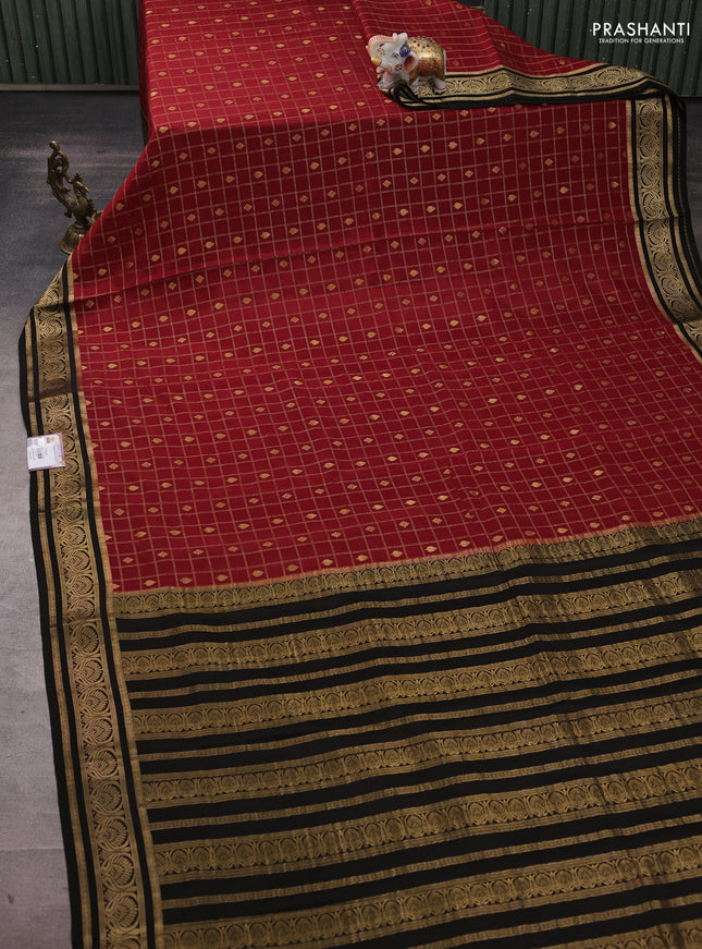 Pure mysore silk saree maroon and black with allover zari checks & buttas and zari woven border