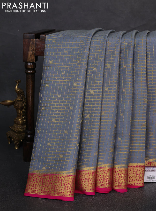Pure mysore silk saree grey and pink with allover zari checks & buttas and zari woven border