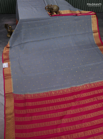 Pure mysore silk saree grey and pink with allover zari checks & buttas and zari woven border