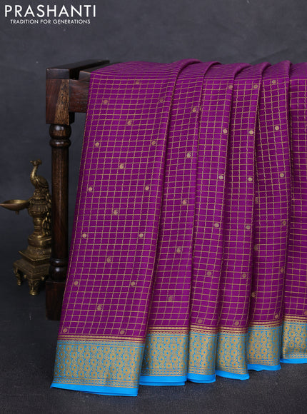 Pure mysore silk saree purple and cs blue with allover zari checks & buttas and zari woven border