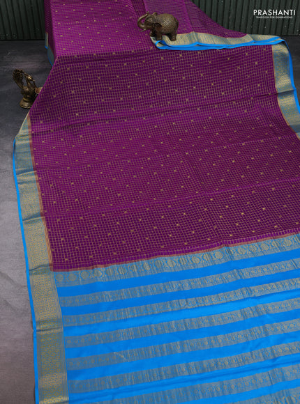 Pure mysore silk saree purple and cs blue with allover zari checks & buttas and zari woven border