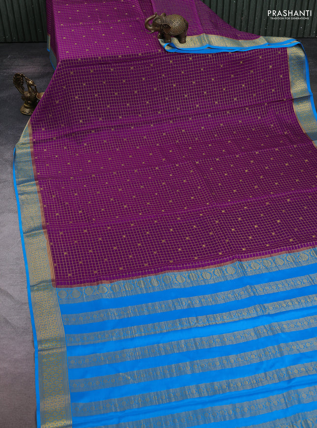 Pure mysore silk saree purple and cs blue with allover zari checks & buttas and zari woven border