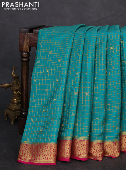 Pure mysore silk saree teal green and pink with allover zari checks & buttas and zari woven border