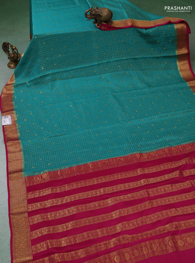 Pure mysore silk saree teal green and pink with allover zari checks & buttas and zari woven border