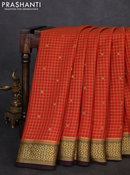 Pure mysore silk saree rustic orange and coffee brown with allover zari checks & buttas and zari woven border