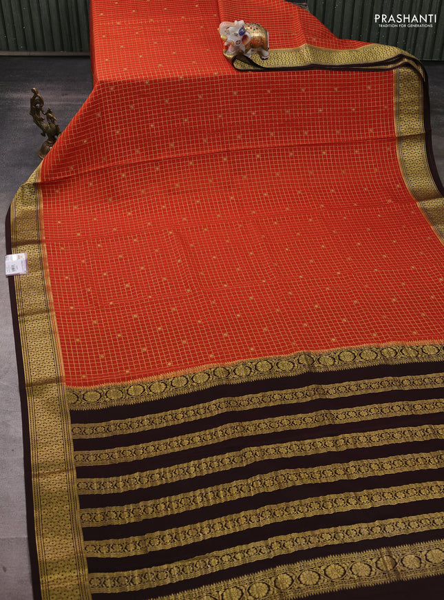 Pure mysore silk saree rustic orange and coffee brown with allover zari checks & buttas and zari woven border