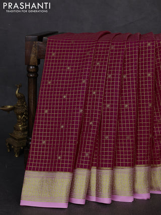 Pure mysore silk saree dark pink and light pink with allover zari checks & buttas and zari woven border