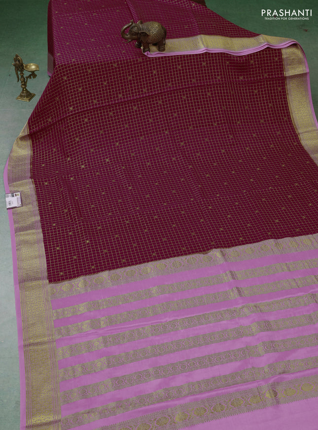 Pure mysore silk saree dark pink and light pink with allover zari checks & buttas and zari woven border