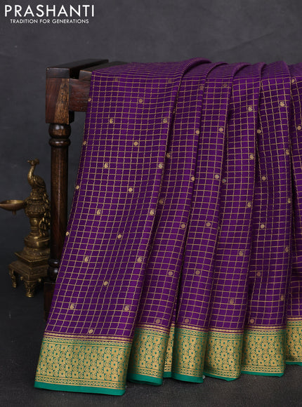 Pure mysore silk saree violet and green with allover zari checks & buttas and zari woven border