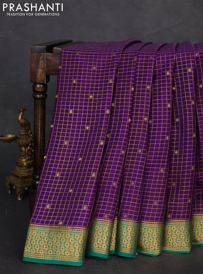 Pure mysore silk saree violet and green with allover zari checks & buttas and zari woven border