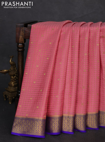 Pure mysore silk saree peach shade and blue with allover zari checks & buttas and zari woven border