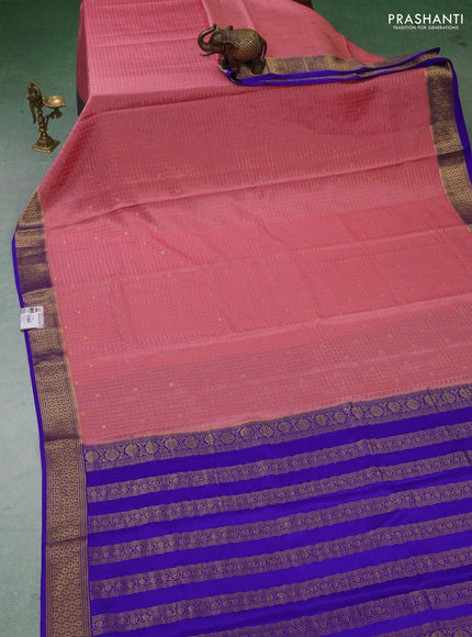 Pure mysore silk saree peach shade and blue with allover zari checks & buttas and zari woven border