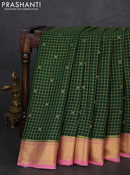 Pure mysore silk saree bottle green and mauve pink with allover zari checks & buttas and zari woven border