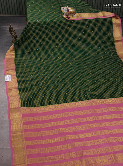 Pure mysore silk saree bottle green and mauve pink with allover zari checks & buttas and zari woven border
