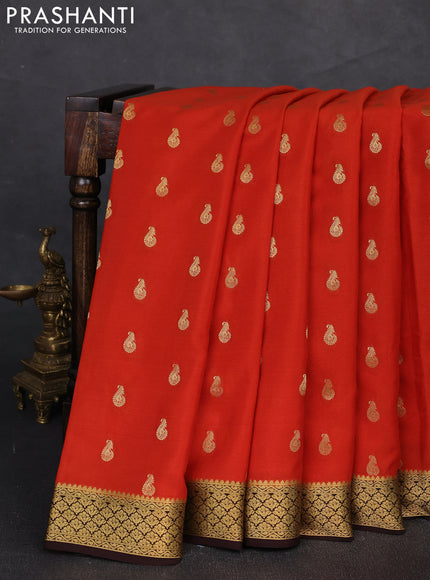 Pure mysore silk saree rustic orange and coffee brown with zari woven buttas and zari woven border