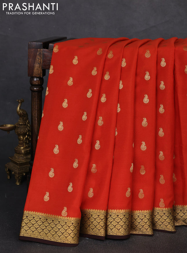Pure mysore silk saree rustic orange and coffee brown with zari woven buttas and zari woven border