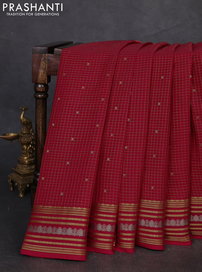 Pure mysore silk saree dark pink with allover zari checks & buttas and zari woven border