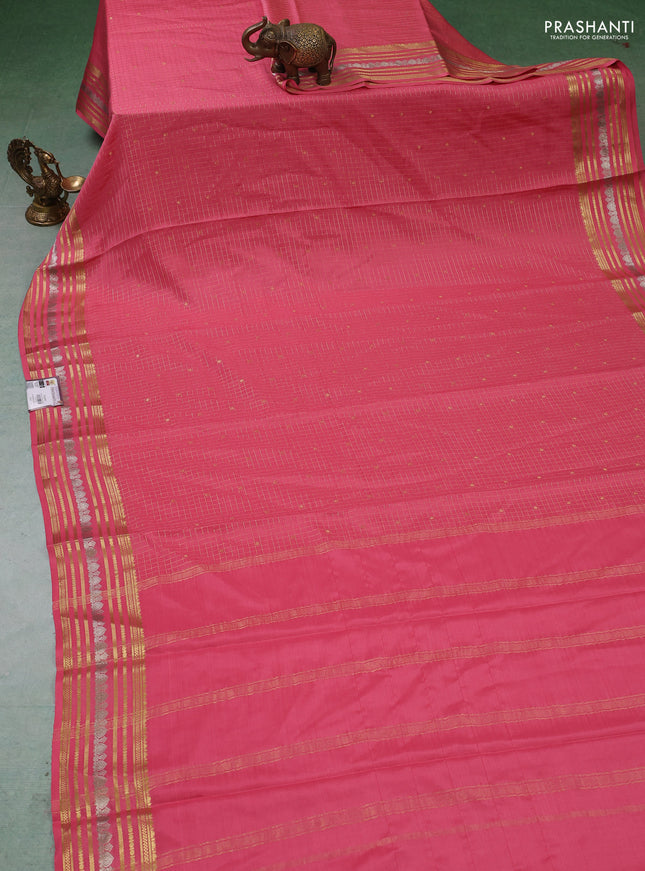 Pure mysore silk saree peach pink with allover zari checks & buttas and zari woven border