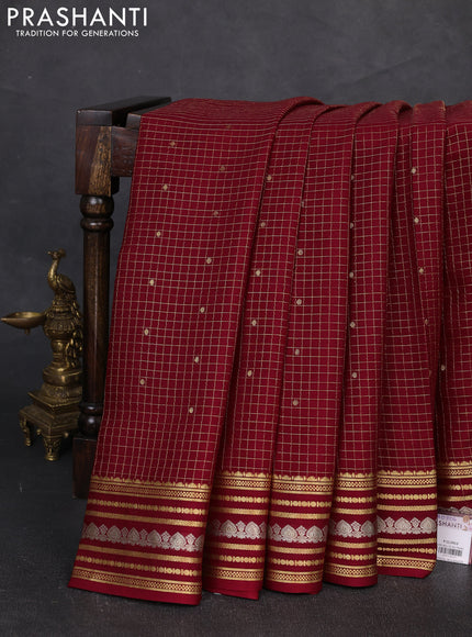 Pure mysore silk saree maroon with allover zari checks & buttas and zari woven border