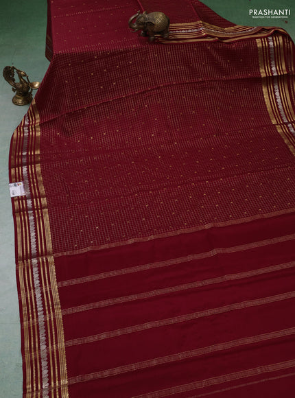 Pure mysore silk saree maroon with allover zari checks & buttas and zari woven border