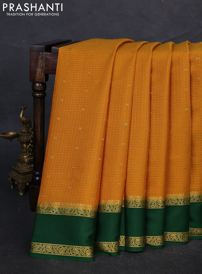 Pure mysore silk saree mustard yellow and green with allover zari checks & buttas and rettapet zari woven border