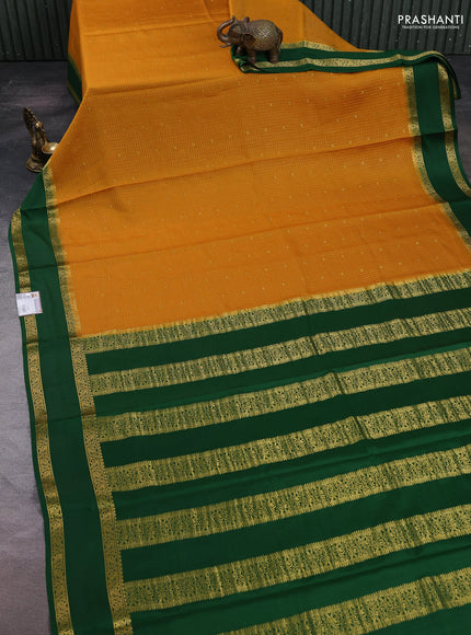 Pure mysore silk saree mustard yellow and green with allover zari checks & buttas and rettapet zari woven border