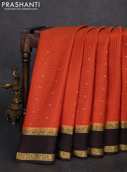 Pure mysore silk saree orange and coffee brown with allover zari checks & buttas and rettapet zari woven border