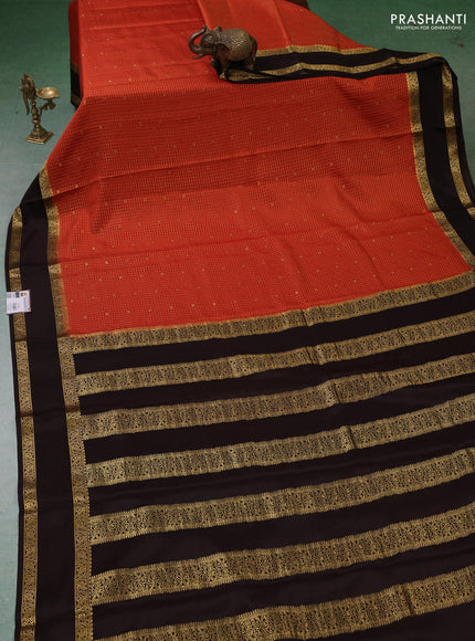 Pure mysore silk saree orange and coffee brown with allover zari checks & buttas and rettapet zari woven border