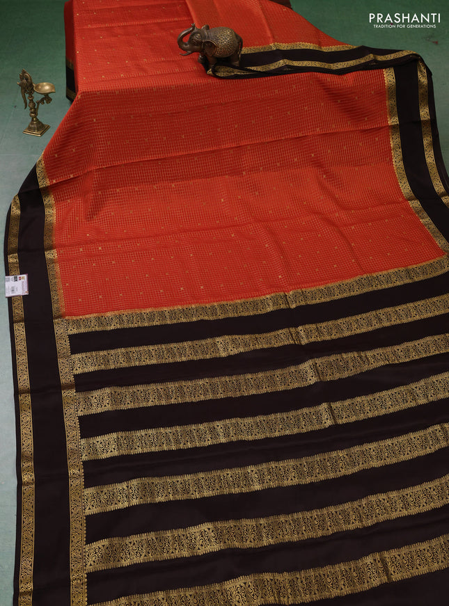 Pure mysore silk saree orange and coffee brown with allover zari checks & buttas and rettapet zari woven border