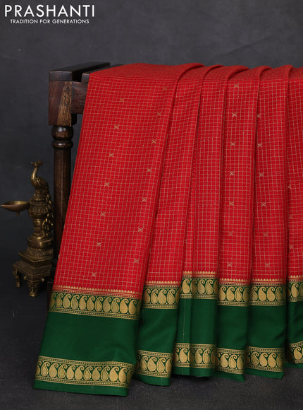 Pure mysore silk saree red and green with allover zari checks & buttas and rettapet zari woven border