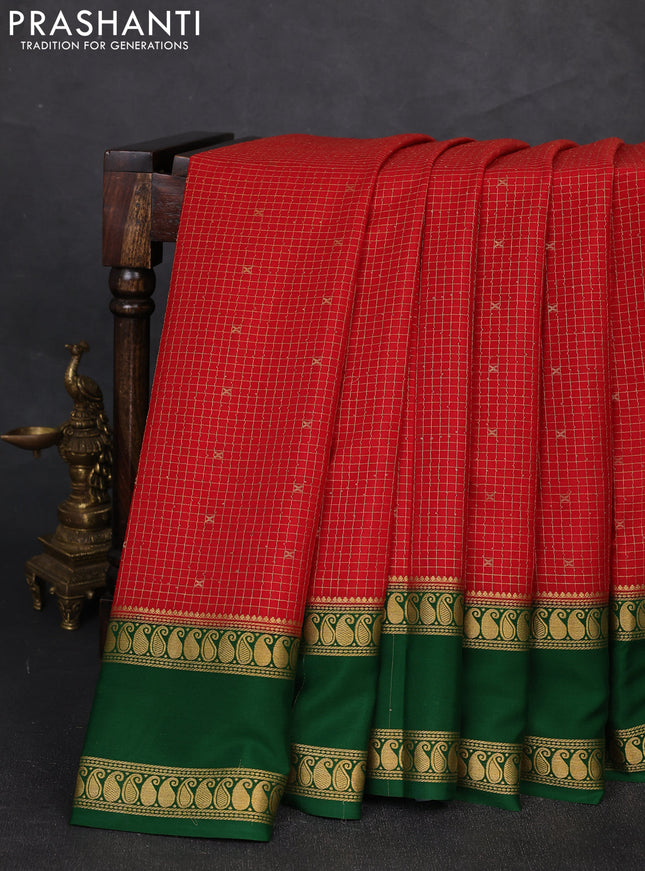 Pure mysore silk saree red and green with allover zari checks & buttas and rettapet zari woven border