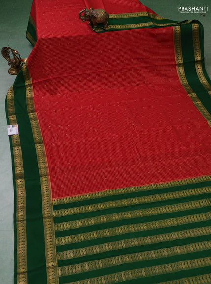 Pure mysore silk saree red and green with allover zari checks & buttas and rettapet zari woven border
