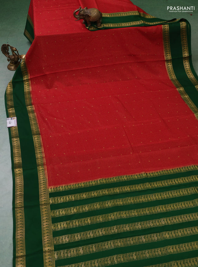 Pure mysore silk saree red and green with allover zari checks & buttas and rettapet zari woven border