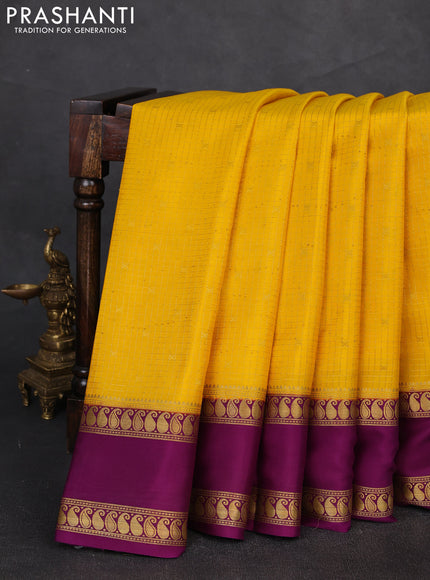 Pure mysore silk saree yellow and purple with allover zari checks & buttas and rettapet zari woven border