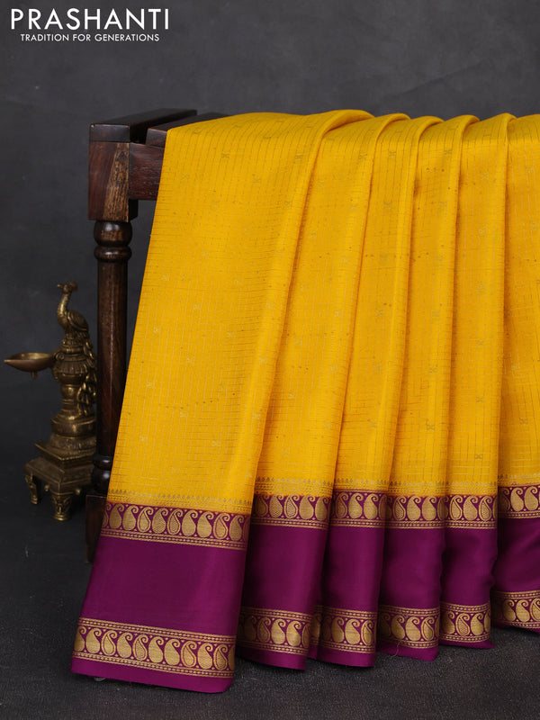 Pure mysore silk saree yellow and purple with allover zari checks & buttas and rettapet zari woven border