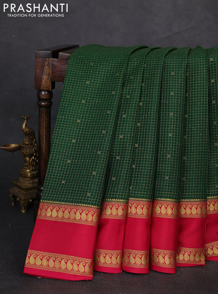 Pure mysore silk saree bottle green and dark pink with allover zari checks & buttas and rettapet zari woven border