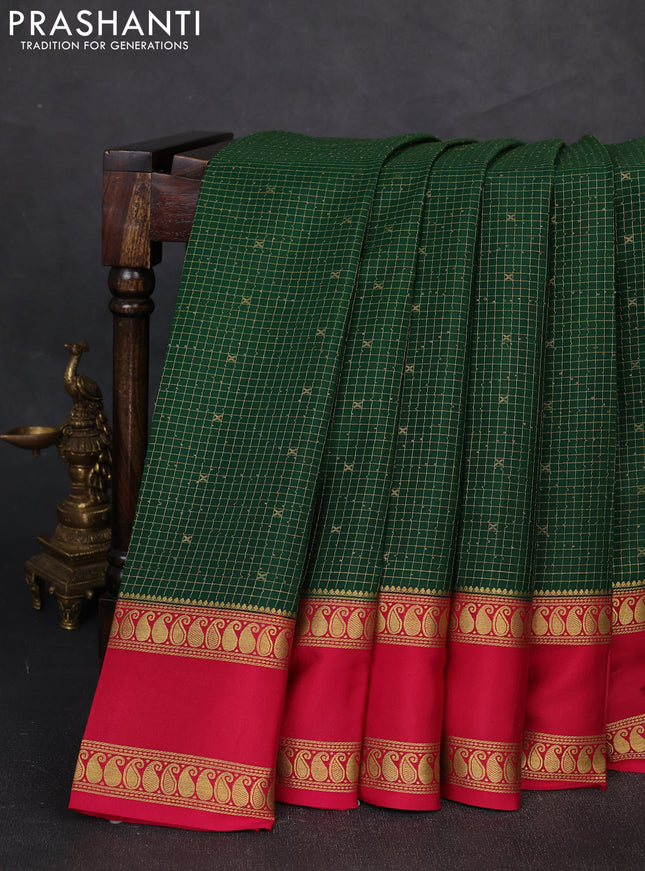 Pure mysore silk saree bottle green and dark pink with allover zari checks & buttas and rettapet zari woven border