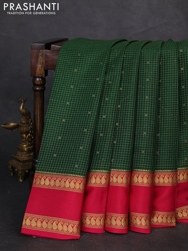 Pure mysore silk saree bottle green and dark pink with allover zari checks & buttas and rettapet zari woven border