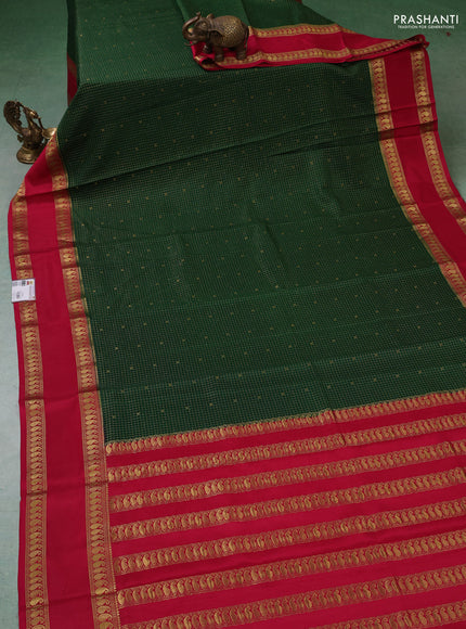 Pure mysore silk saree bottle green and dark pink with allover zari checks & buttas and rettapet zari woven border