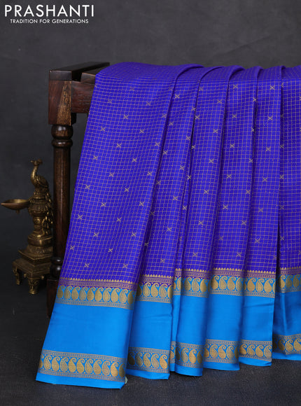 Pure mysore silk saree blue and cs blue with allover zari checks & buttas and rettapet zari woven border