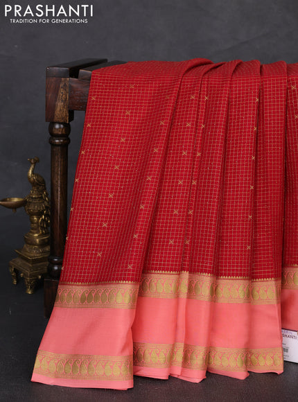 Pure mysore silk saree red and peach shade with allover zari checks & buttas and rettapet zari woven border