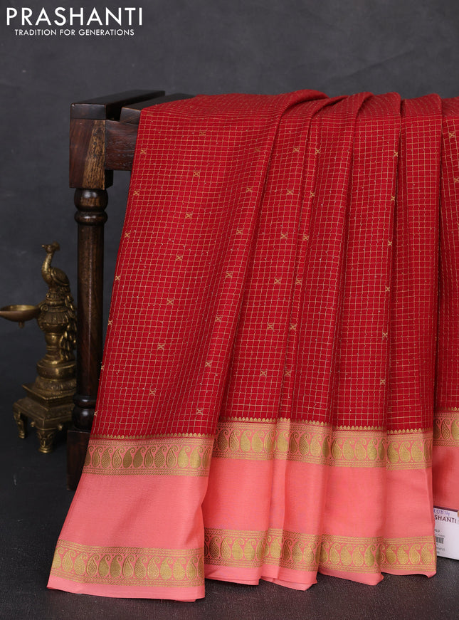 Pure mysore silk saree red and peach shade with allover zari checks & buttas and rettapet zari woven border
