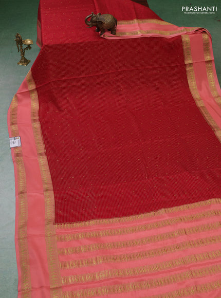 Pure mysore silk saree red and peach shade with allover zari checks & buttas and rettapet zari woven border