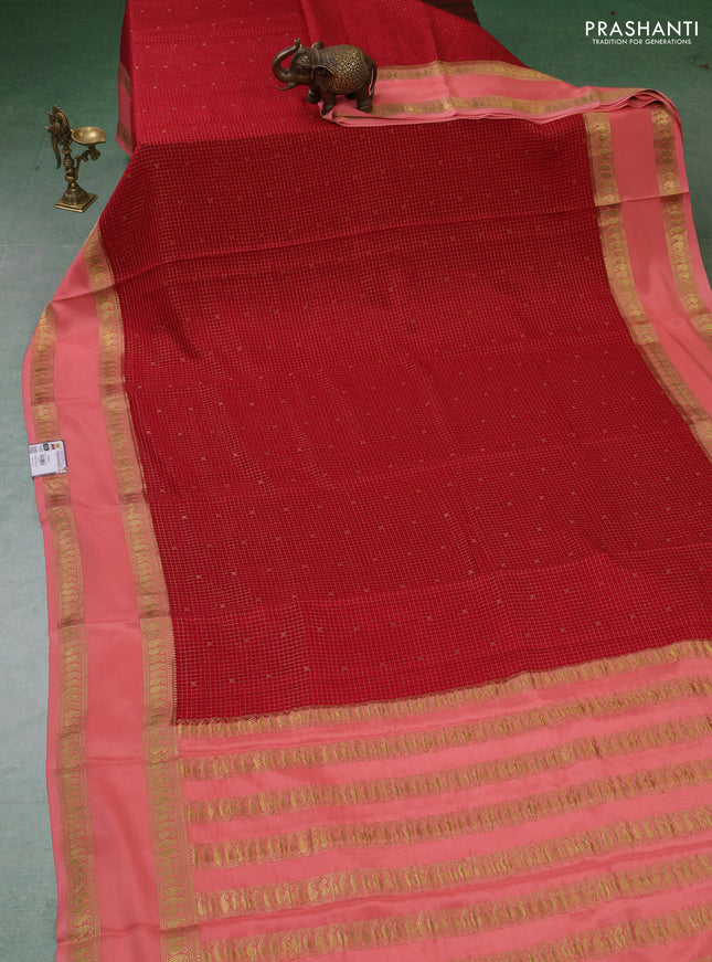 Pure mysore silk saree red and peach shade with allover zari checks & buttas and rettapet zari woven border