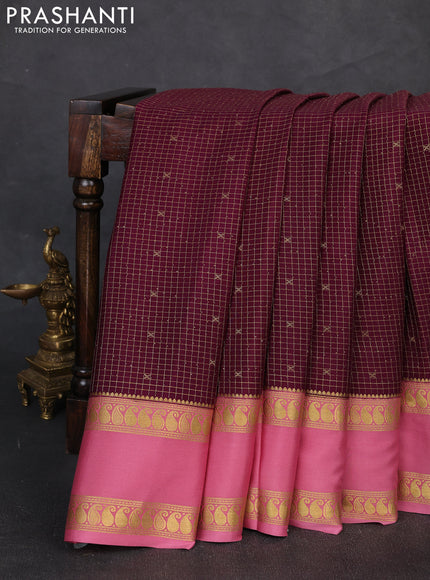 Pure mysore silk saree wine shade and mauve pink with allover zari checks & buttas and rettapet zari woven border