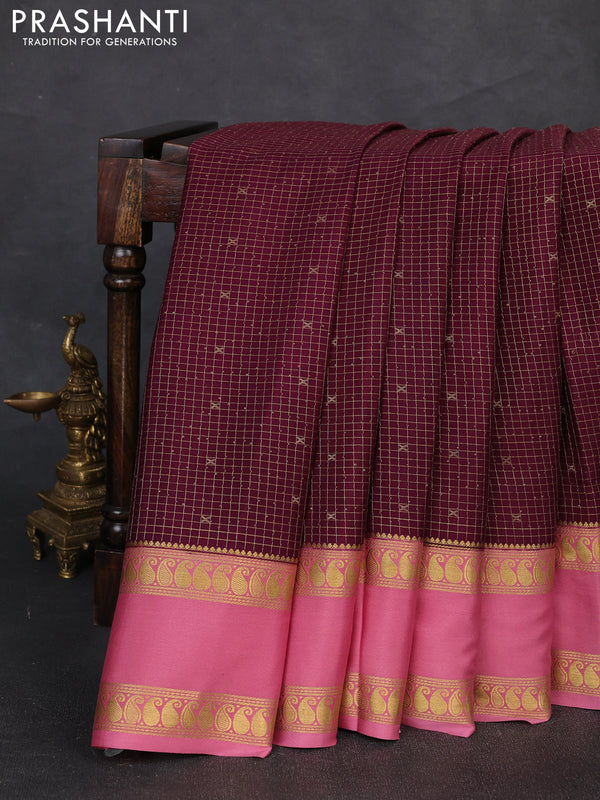 Pure mysore silk saree wine shade and mauve pink with allover zari checks & buttas and rettapet zari woven border